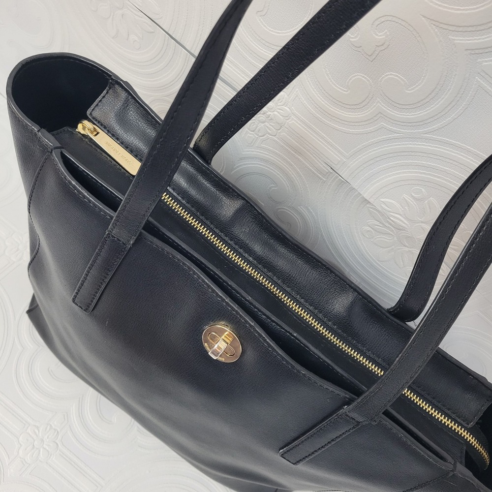 Michael Kors Black Leather Tote Bag Gold Lock Closure Shoulder Bag Rivington - Picture 6 of 16
